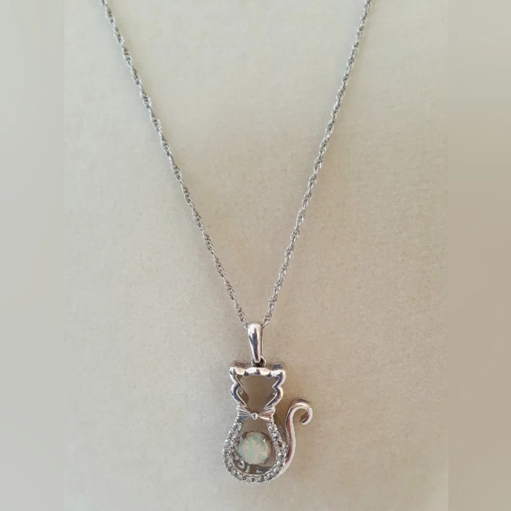 Elegant Silver Cat Pendant With Lab Created Opal And White Sapphires